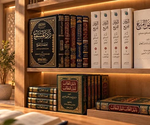 كتب فقهية ورحل خشبي في مكتبة ذات طابع إسلامي